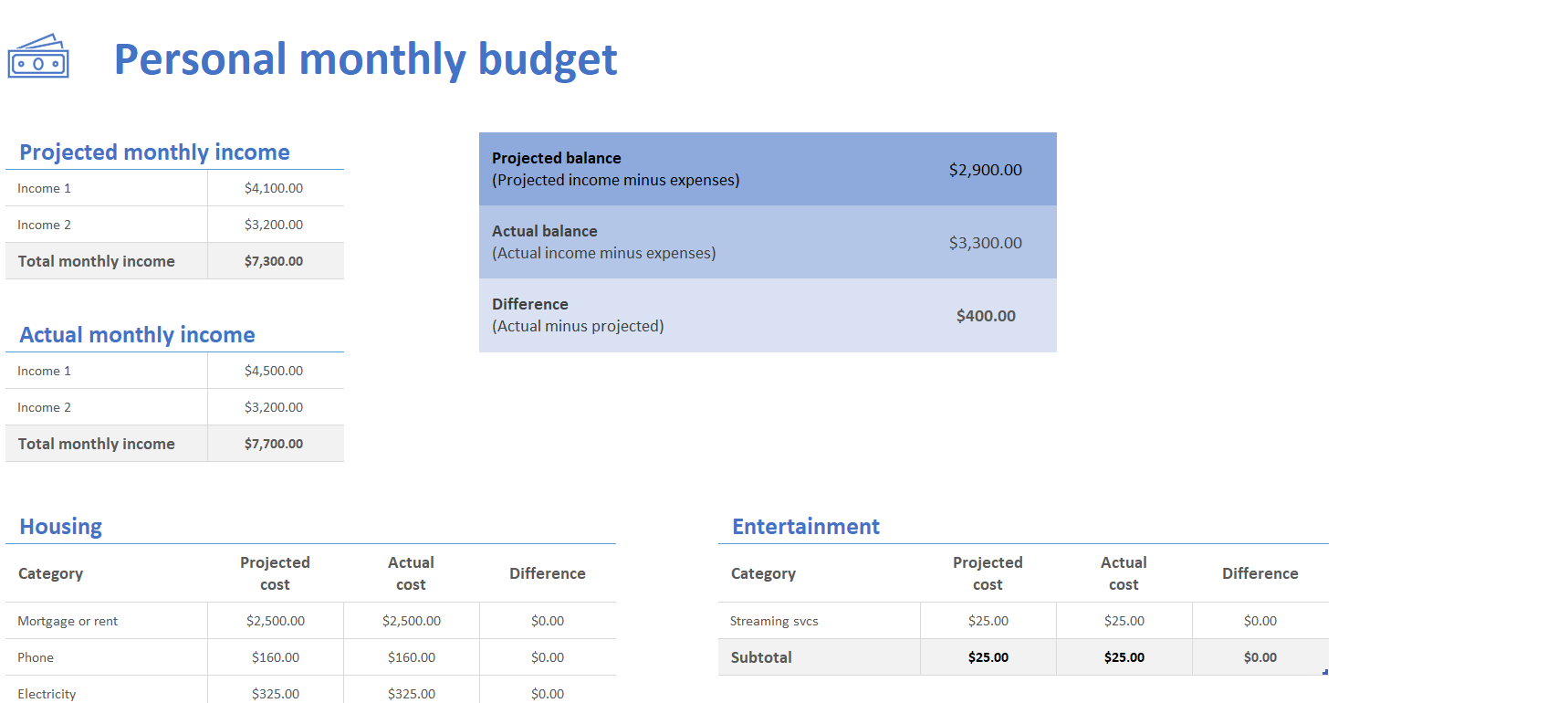 Live Monthly Budget Planner (Excel)